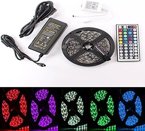 elcPark 5m 16.4ft SMD 5050 RGB Changing Color Flexible LED Light Strip Full kits Non-Waterproof Flexible 300led +44keys Remote + 60W Power Supply (Black PCB)
