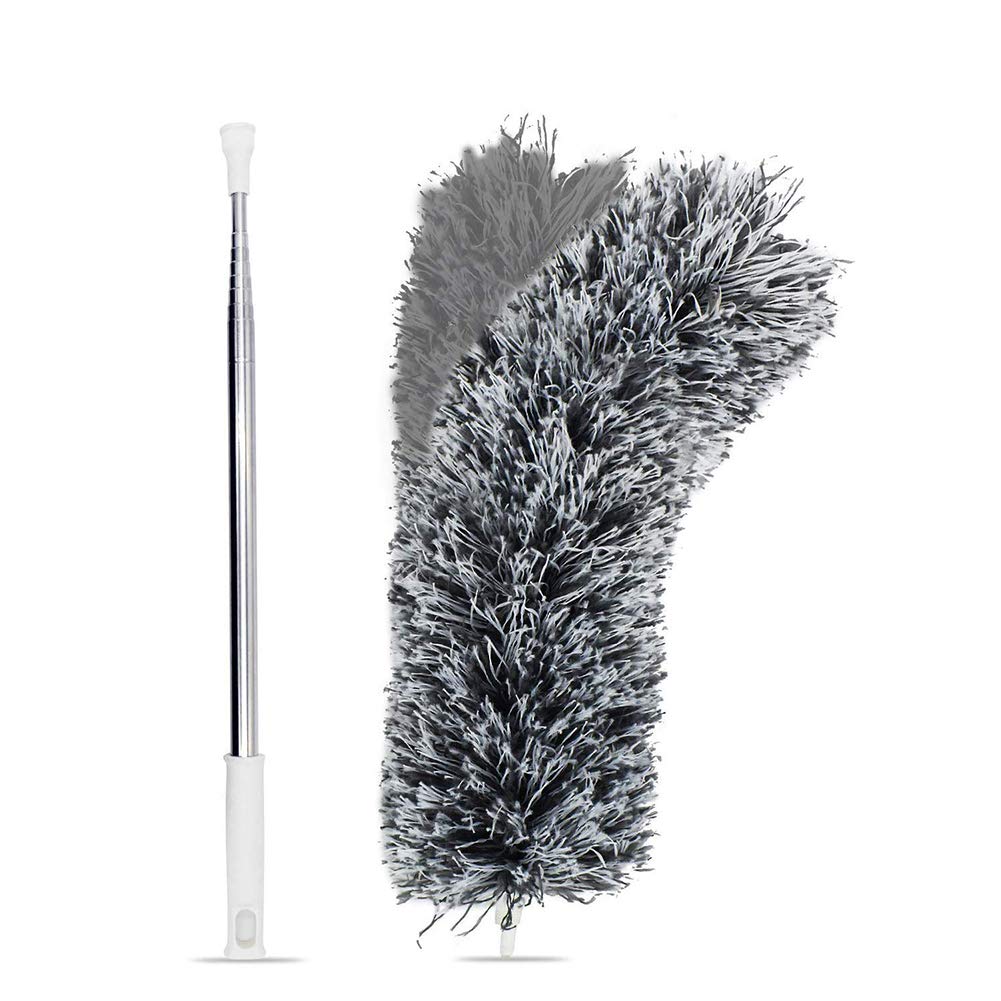 Extendable Feather Duster Long Handle-111 Inch Telescopic Cobweb Dusters(Stainless Steel)，Microfiber Duster with Washable Bendable Head, Hand Duster for Cleaning High Ceiling Fans, Blinds, Cobweb
