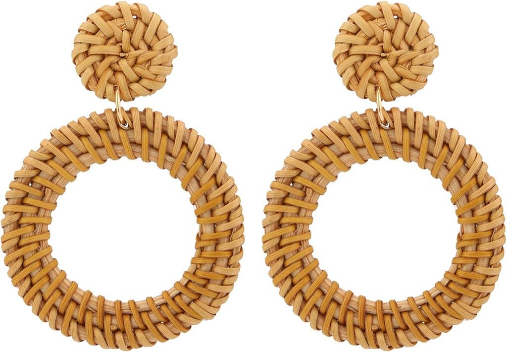 Rattan Earrings for Women Handmade Straw Wicker Braid Drop Dangle