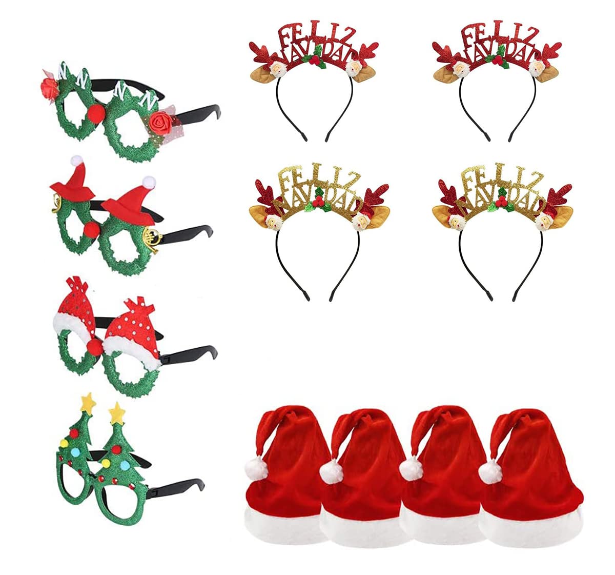 Pack of 12 Santa Hat with Christmas Headbands and Glasses Frames 2021 for Party New Year Crafts Christmas Accessories