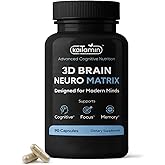 Brain Neuro Matrix – Memory & Focus Nootropic with Ginkgo Biloba & Huperzine A – Caffeine-Free Vegan Brain Supplement for Clarity, Focus & Mood – 90 Capsules (3-Month Supply)