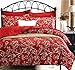 Wake In Cloud - Floral Comforter Set, Vintage Flowers Toile Coquette Pattern Printed, Soft Lightweight Bedding, 3 Pieces, Red, King Size