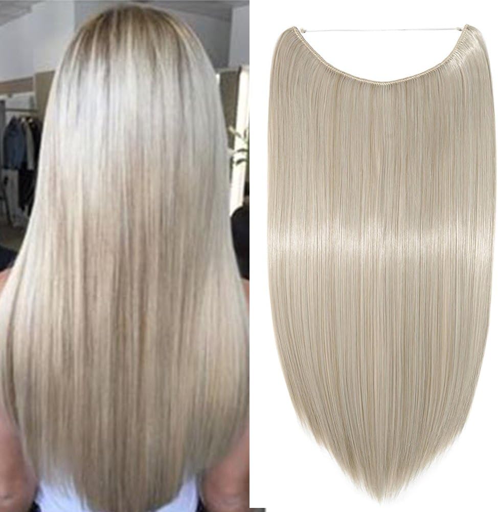 One Piece Synthetic Hair Extensions Secret Wire In Hairpiece Straight Long Ombre Hair Wire String Extensions [20" Inch, Ash Blonde Mix Silver Gray]