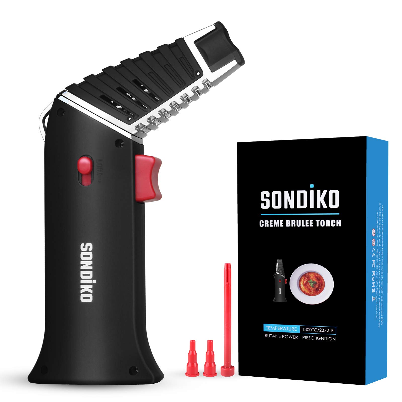 Sondiko Blow Torch S928, Kitchen Blow Torch Lighter with Rotatable Torch Head, Safety Lock, Adjustable Flame for Creme Brulee, BBQ, Baking, Dab(Butane Gas Not Included)