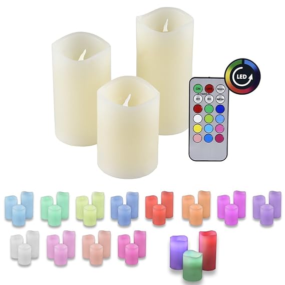 LED Echtwachs Kerzen RGB Farbwechsel 3er Set mit Fernbedienung und Timer