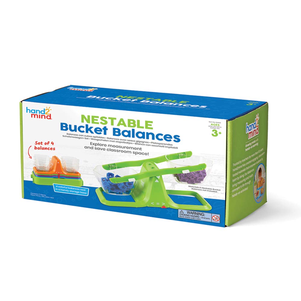 hand2mind Colorful Nestable Bucket Balance, Clear Double Bucket Balance Scale for Liquids and Solids, Easy to Assemble Kids Scale, Space Saving Storage Base, Balance Scale for Classroom (Set of 4)