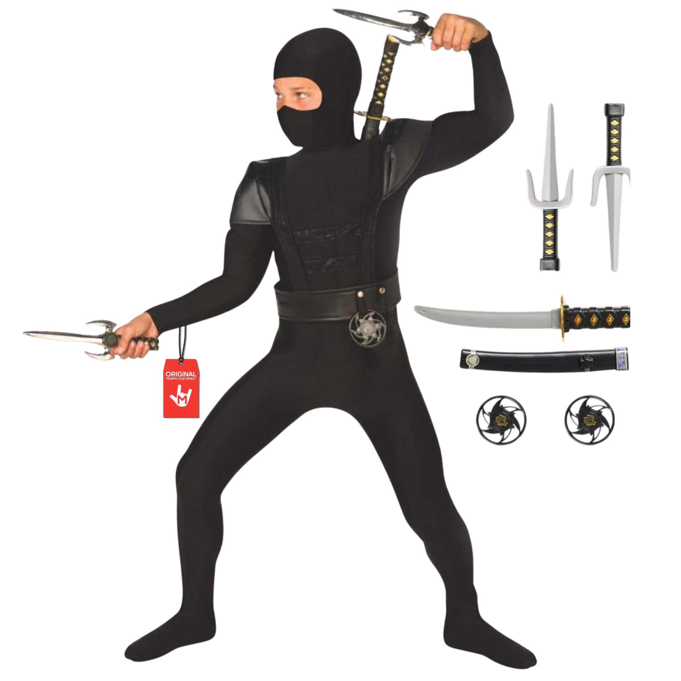 Morph Ninja Kostüm Kinder Jungen und Mädchen, Ninja Anzug Schwarz, Faschingskostüme Kinder Junge, Karneval Kostüm Kind, 4-6 Jahre