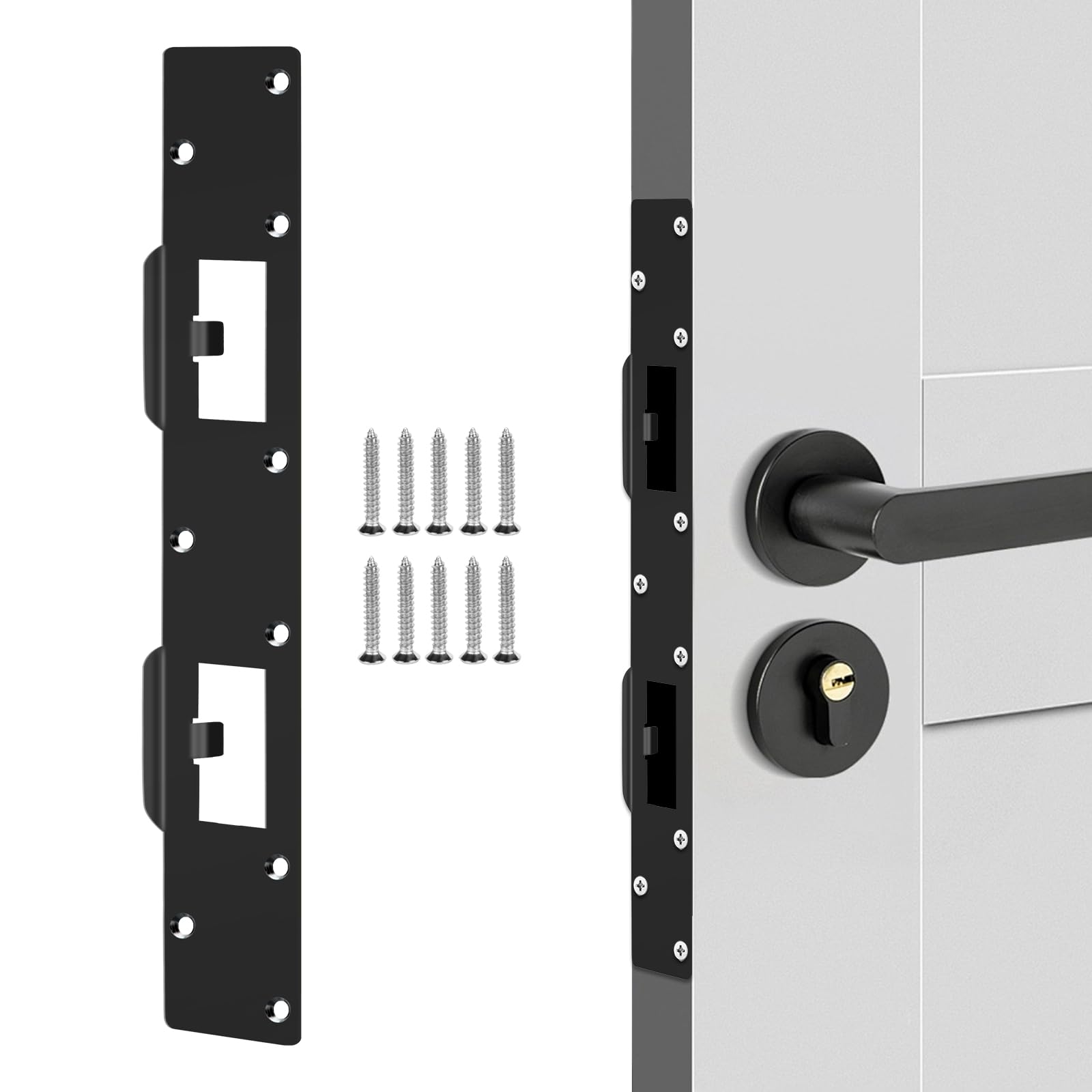 Metal Latch Plate Door Lock, Double Holes Door Latch Security Plates Reinforcement Door Striker Plates for Interior Door, Security Door Lock for Bathroom and Toilet Doors (1Pack - Black)