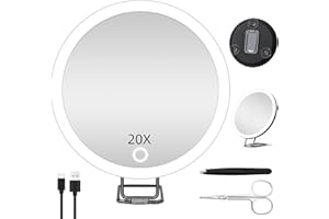 JADAZROR 20X Magnifying Mirror with Lights, 6inch Makeup Magnifying Mirror with LED Lighted 20X Magnification Mirror, 20x Travel Magnifying Mirror, 20X Magnified Mirror with 3 Suction Cups and Adjustable Stand