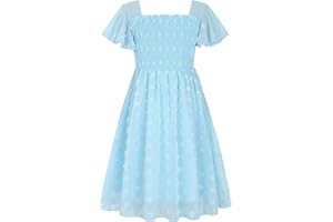 Kids4ever 6-12T Girls Chiffon Dress with Solid Pom Poms & Flutter Ruffle Short Sleeve Kids Lace Square Neck Frocks