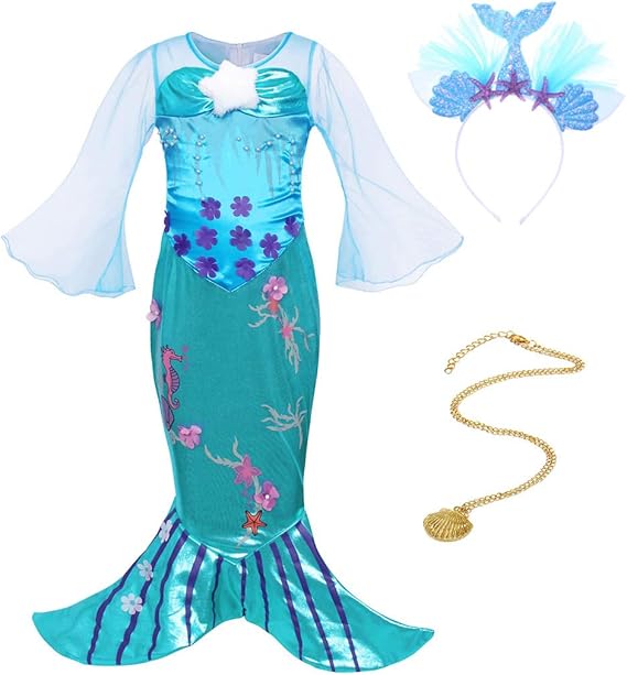 Amazon Co Jp リトルガールズマーメイドコスチューム 誕生日パーティー ドレスアップハロウィンファンシーアウトフィット ガールズフローラルロングテールスカート チュール長袖服 ドレス ブルーマーメイドテールヘッドバンド シェルネックレス 6 7歳 服