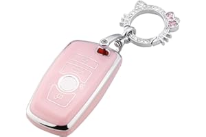 Pangpai Pink Key Fob Cover for BMW, Soft TPU Key Case Protection with Bling Keychain Fit for BMW 2 5 6 7 X1 X2 X3 X5 X6 Series