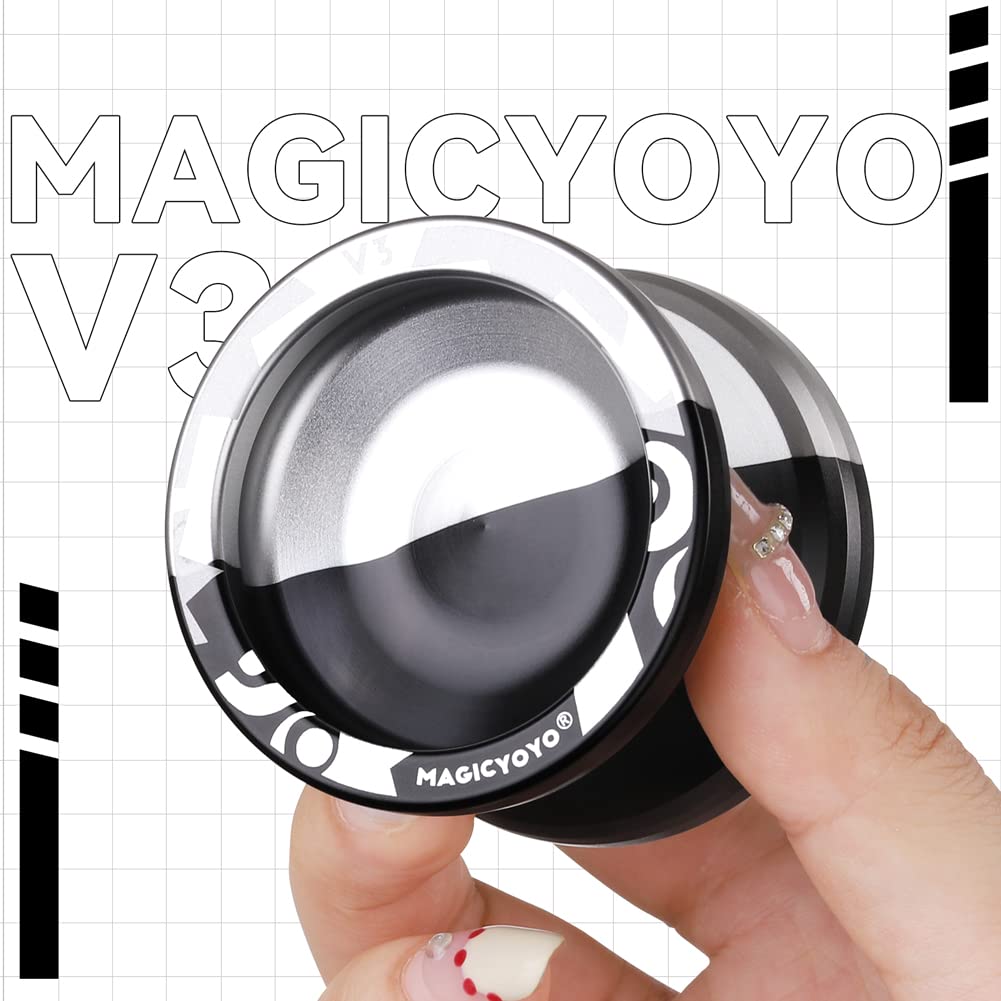 MAGICYOYO V3 Professional Responsive Yoyo, Metal Alloy Yoyo for Beginner Adults, Dual Purpose Yoyo with 12 Yoyo Strings + KK Bearing + Bearing Removal Tool + Axle + Storage Bag (Black-and-Silver)
