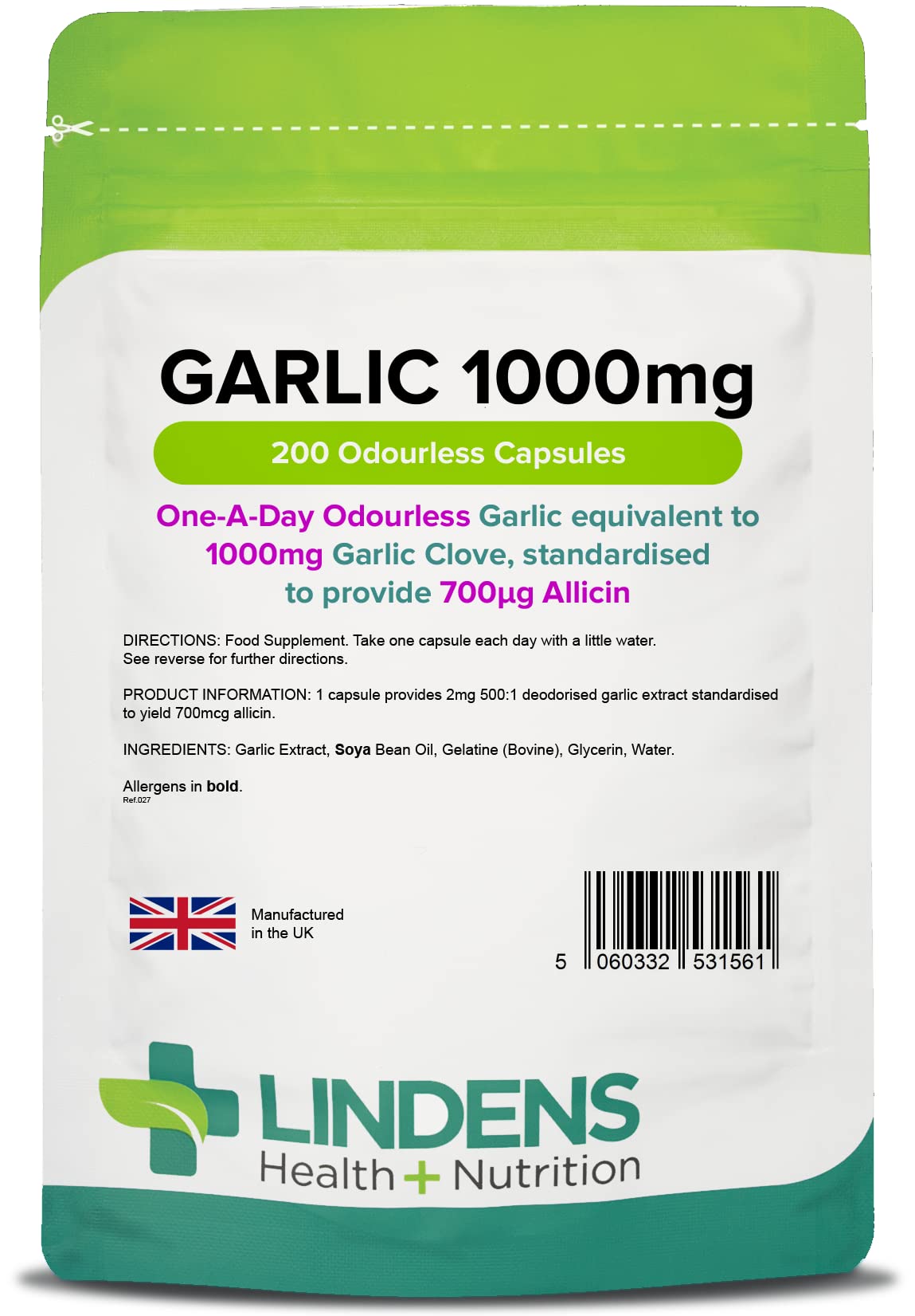 Lindens - Garlic 1000mg - 200 Odourless Capsules - UK Made - One-A-Day - Standardised to Provide 700mcg Allicin (Equivalent to 1000mg Fresh Garlic) - 6+ Months Supply - GMP & Letterbox Friendly