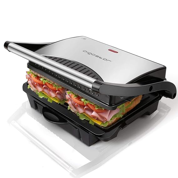 Aigostar Hett 30HHJ - Kontaktgrill, Multi-Grill, Sandwichtoaster,1000 Watt, Kältetaste, Nonstick, Lichtanzeige, BPA frei, Sil