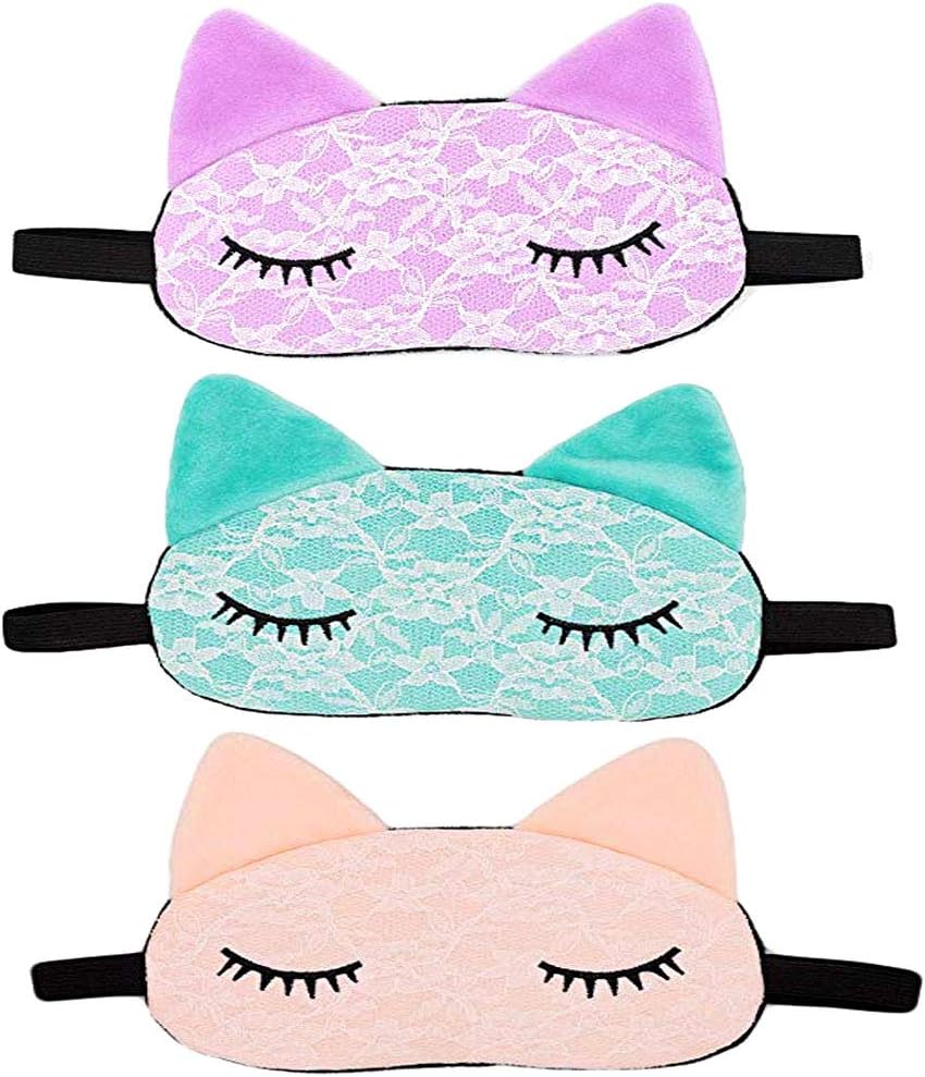 HappyDaily Beautiful and Comfortable Sleep Masks - Set of 3 (Sleepy Cat - Pink/Green/Purple)