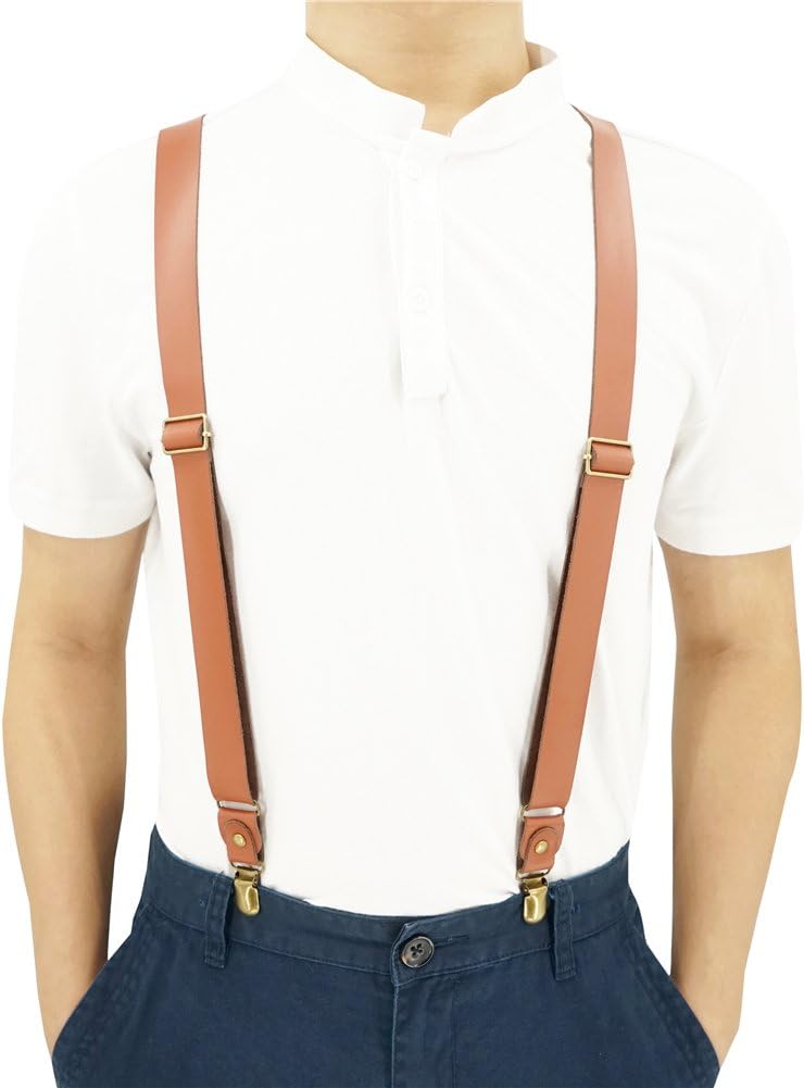 Lawevan1 Inch Wide Suspenders for men,Soft Cattlehide Split Cow Leather,England Style, Y-shaped Adjustable 4 Braces Clips