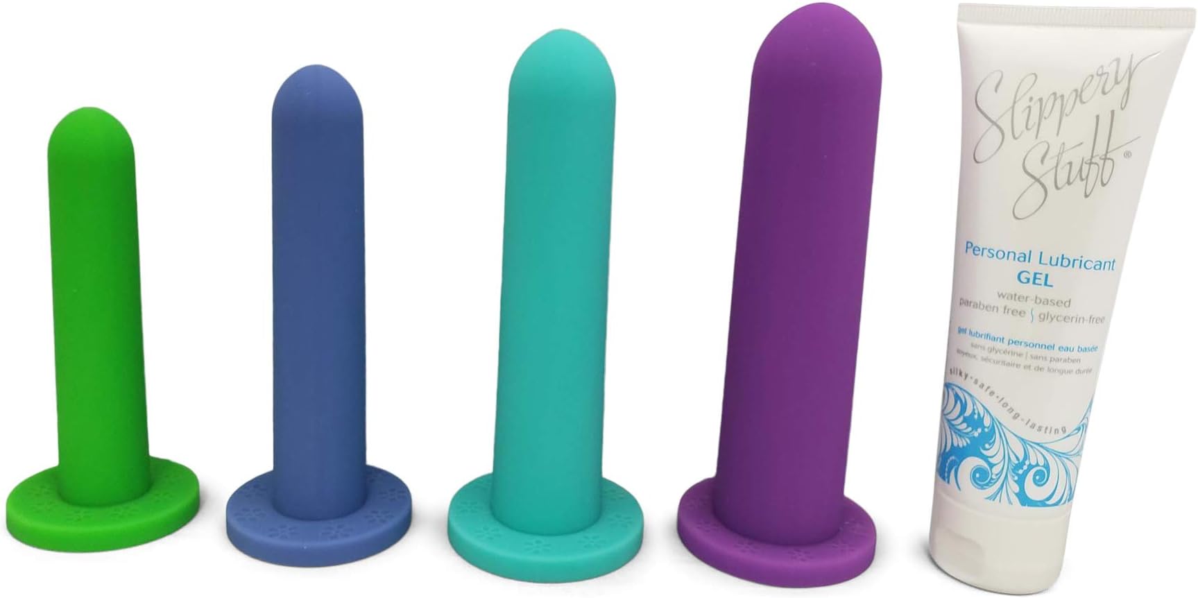 Silicone Dilators with 4oz Bottle of Personal Lubricant - Pack of 4 for Use with Vaginismus, Therapy After Radiation, Vulvodynia, and Vaginitis