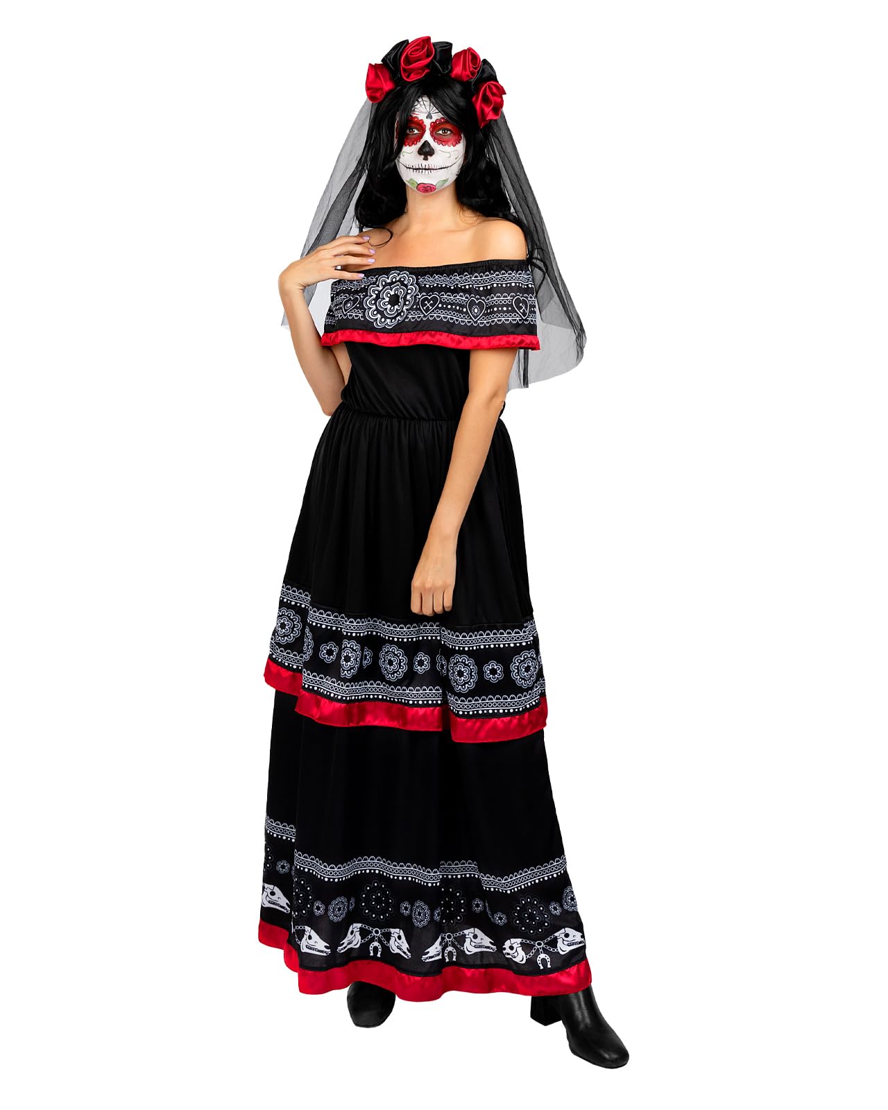 Funidelia Catrina Costume for Women with Headband with Flowers and Veil, Day of the Dead Fancy dress for Adults, Carnival, Halloween and Party Costumes - Size XL
