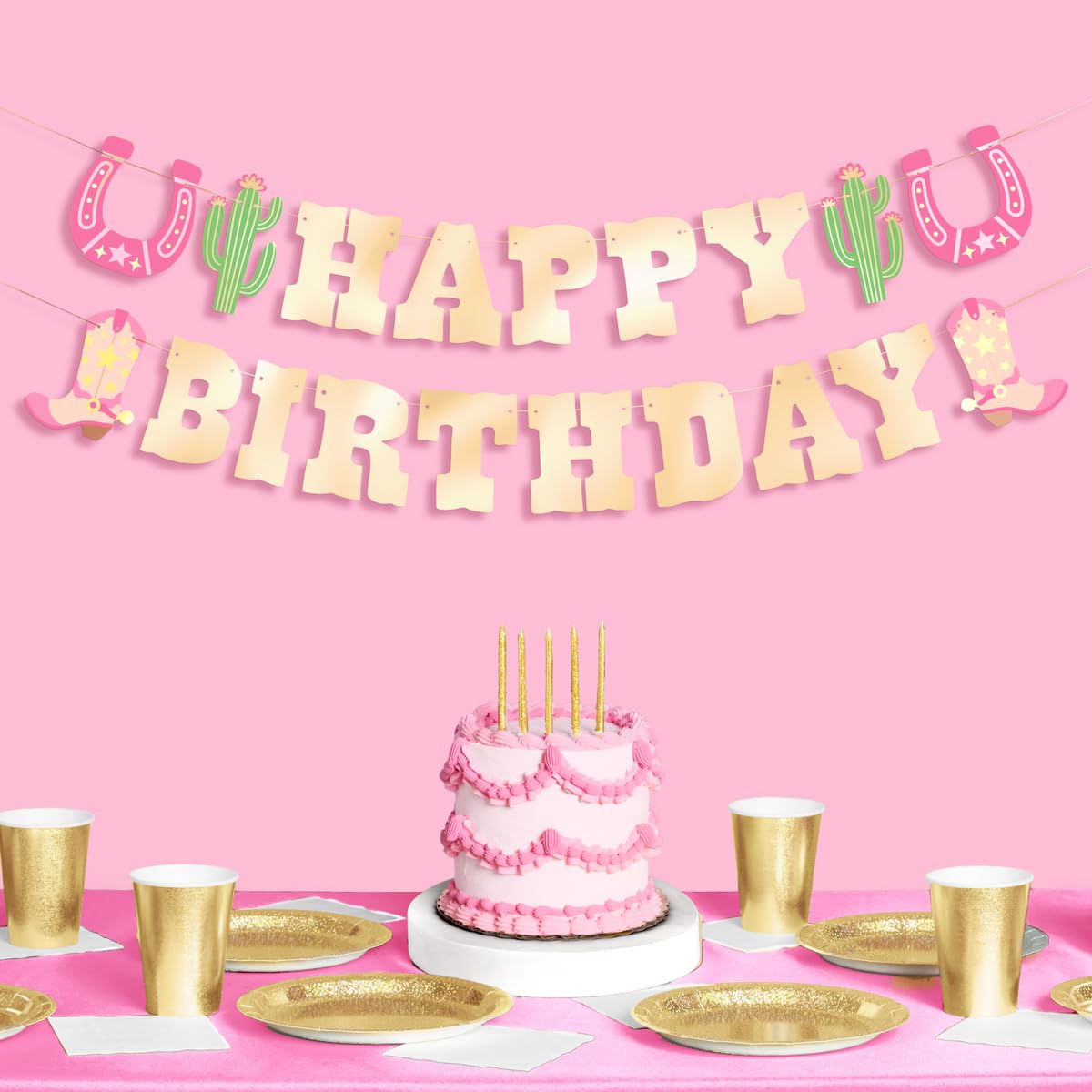 Photo 1 of xo, Fetti Western Happy Birthday Banner, Gold Foil - 4.5 Ft. | Cowgirl HBD Decorations, Wild West Garland, Yeehaw Rodeo Supplies, Wild One Bday Decor