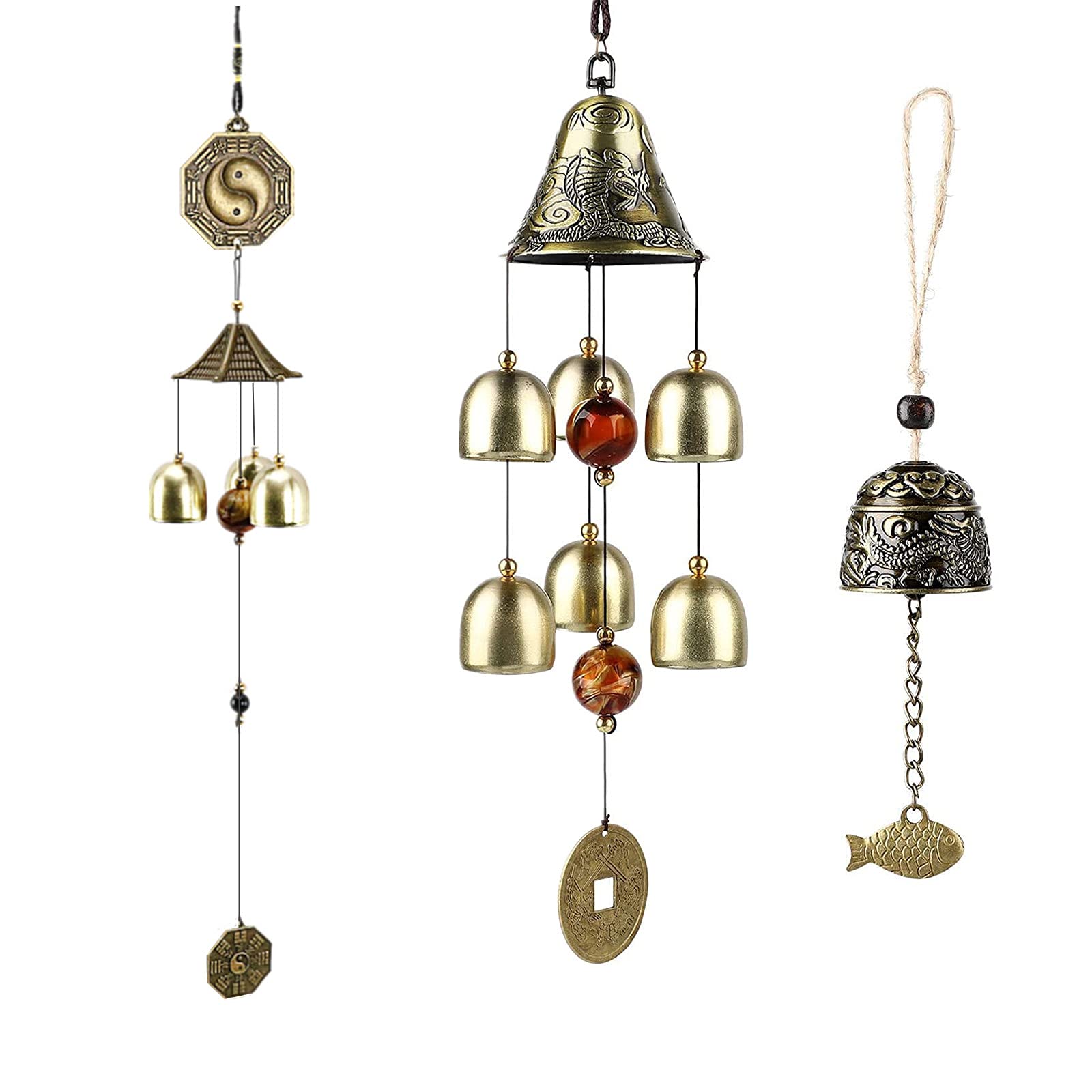 U/D Chinese Feng Shui Lucky Bell Vintage Copper Feng Shui Element Wind Chimes Pendant fit for Lawn Yard Patio Balcony Garden Room Home Decor