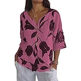 Chicyoo Womens 3/4 Length Sleeve Tops Dressy Casual V Neck Boho Floral Print Summer Blouses Shirts