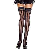 Music Legs Women's Sheer with opaque vertical stripes thigh hi, BLACK, One Size
