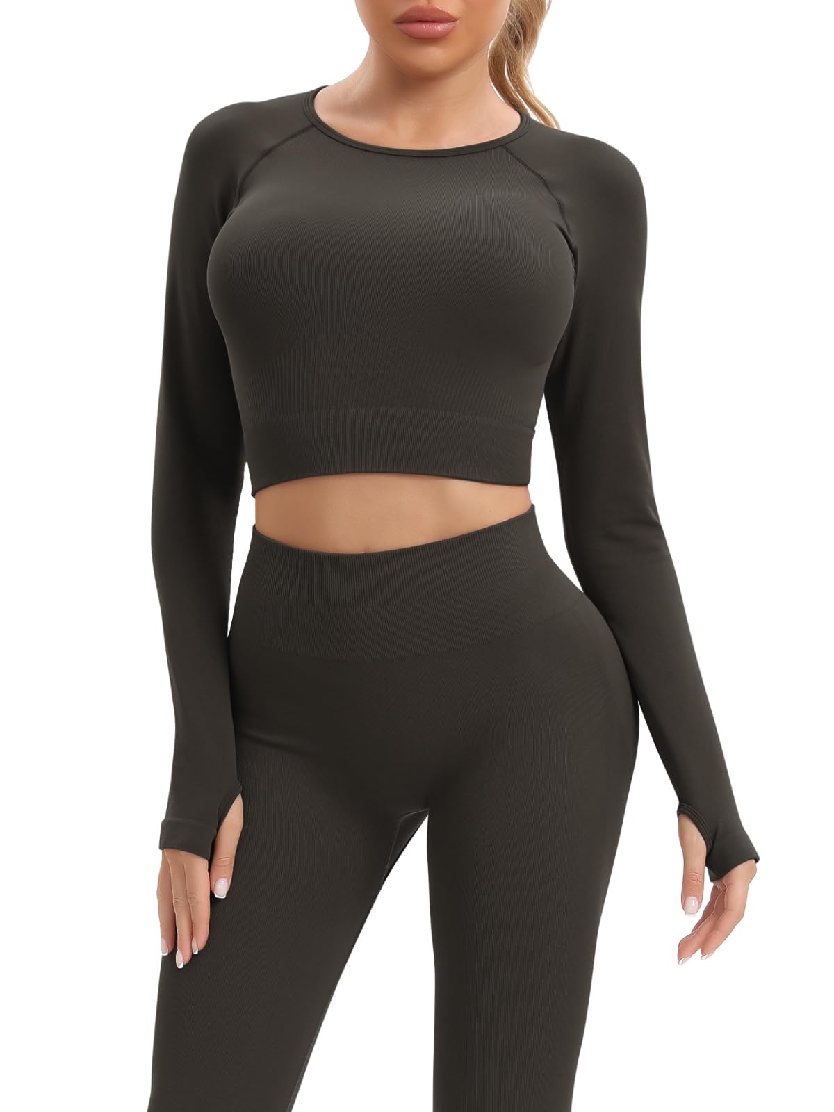 Women Workout Sets 2 Pieces Long Sleeve Seamless Yoga Outfits Gym Clothes (J068M- Chocolate)