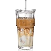 AUFXKOO 20oz Ribbed Glass Cups with Lids and Straws,1PCS Glass Tumbler with Straw and Lid,Iced Coffee Cups Drinking Glasses for Juice Whiskey Cocktail Beer