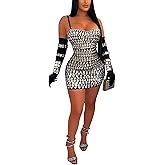 PORRCEY Women's Sexy Elegant Rhinestone Mesh See Through Dance Party Club Night Out Bodycon Mini Dress