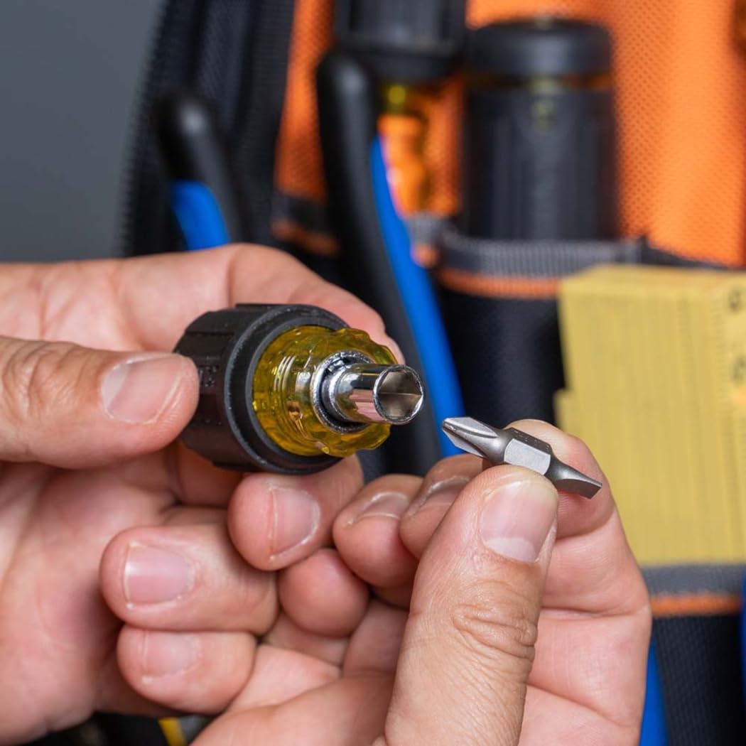 KLEIN TOOLS 32561 Multi-Bit Screwdriver / Nut Driver, 6-in-1 Stubby Screwdriver with 2 Phillips, 2 Slotted, 2 Nut Drivers