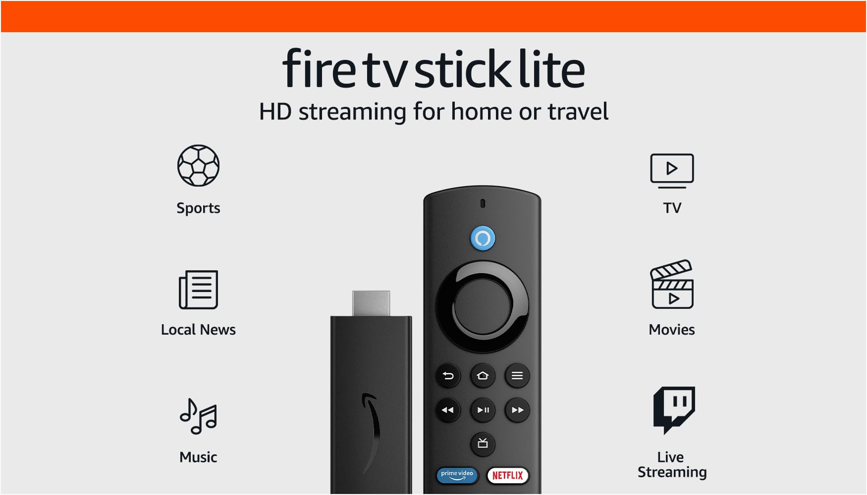 Amazon Fire TV Stick Lite, free and live TV, Alexa Voice Remote Lite, smart home controls, HD streaming
