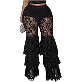 RoseSeek Women's Plus Size Lace Layered Ruffle Pants Sheer Mesh Tiered Party Skinny Leggings Rave Trousers