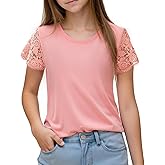 Noomelfish Girls Lace Short Sleeve T-Shirts Kids Summer Cute Tops Blouse(5-12 Years)