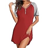 Ekouaer Nightgown for Women Short Sleeve Sleepshirts V Neck Nightshirt Comfy Sleepwear With Botton S-XXL