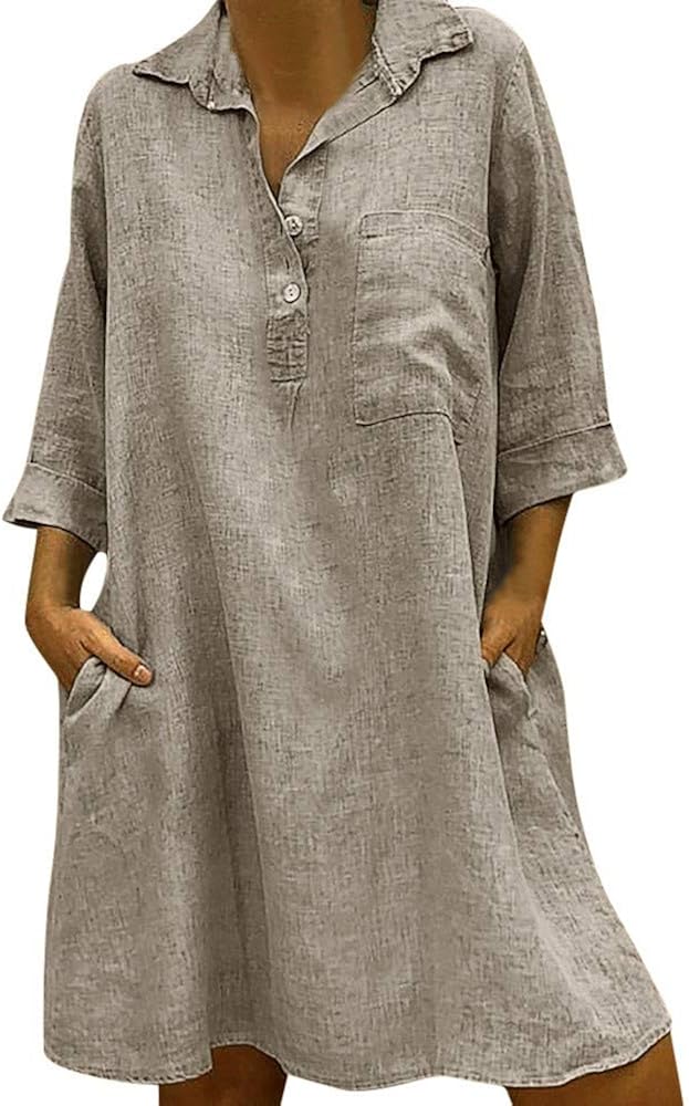 aihihe T Shirt Dresses for Women Knee Length 3/4 Sleeve Summer Dress Solid Cotton Linen Casual Dress with Pockets