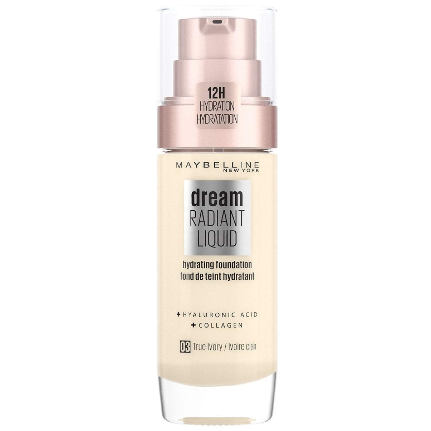 Maybelline Foundation, Dream Radiant Liquid Hydrating Foundation with Hyaluronic Acid and Collagen, Lightweight, Medium Coverage Up to 12 Hour Hydration, 03 True Ivory, 30 ml, Pack Of 1