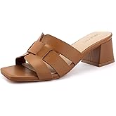 Lookyno Women's Square Open Toe Heeled Sandals Chunky Block Heel Slip On Dressy Sandal