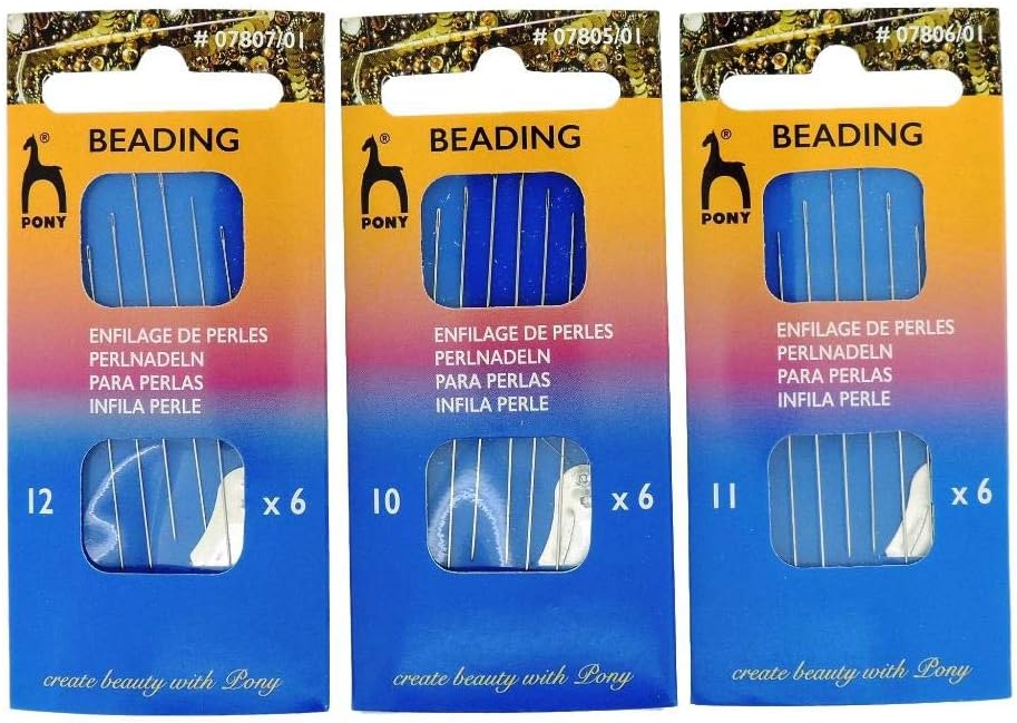 Bundle of 3 Packs (18 Needles Total) Pony Beading Needles Size 10, 11 & 12 - one Pack of Each