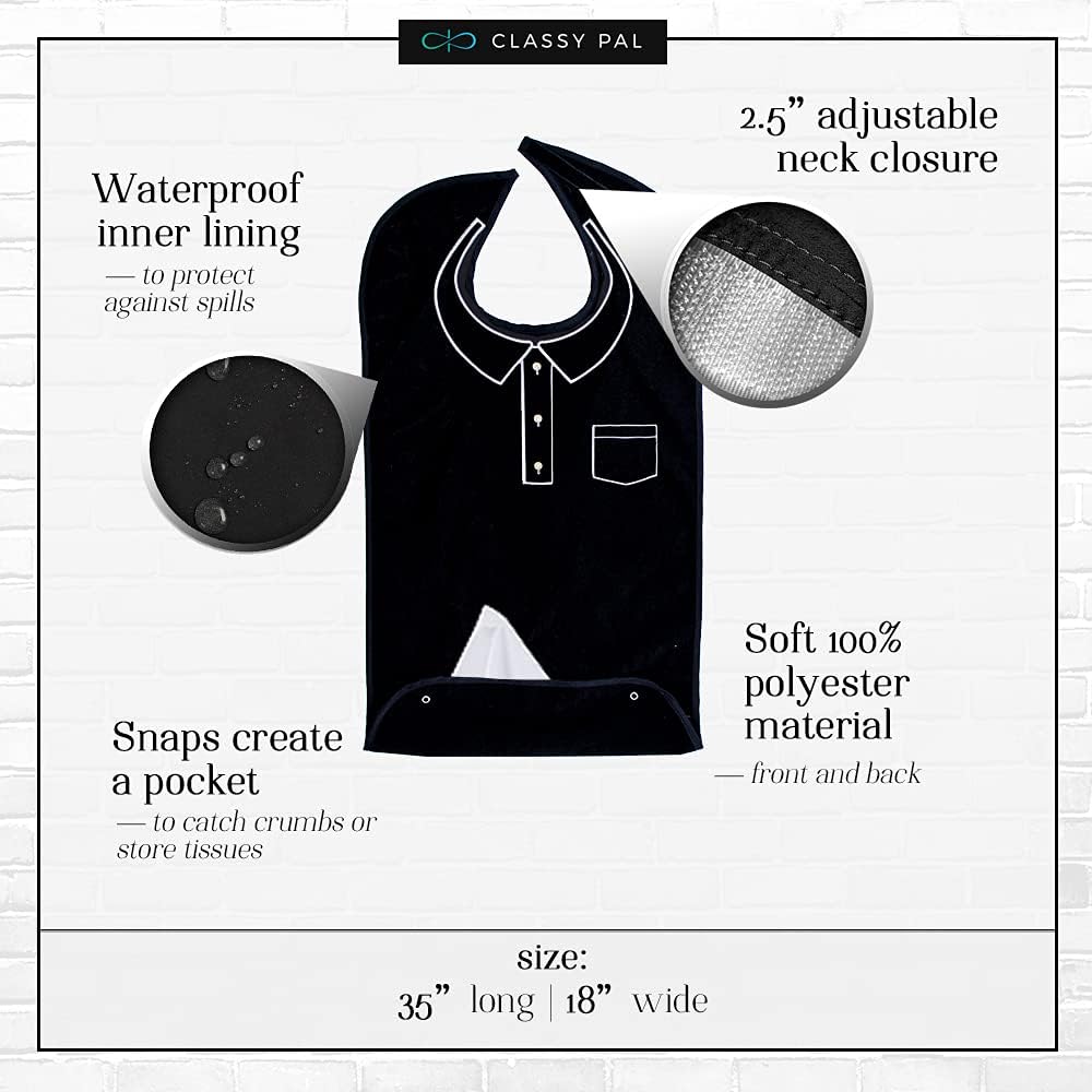 Classy Pal, Adult Bibs for Men, Dress ‘n Dine Clothing Protectors for Eating, Senior Adult Bib Terry Cloth Crumb Catcher, Embroidered Design, Waterproof, Reusable, Washable (Polo): Health & Personal Care