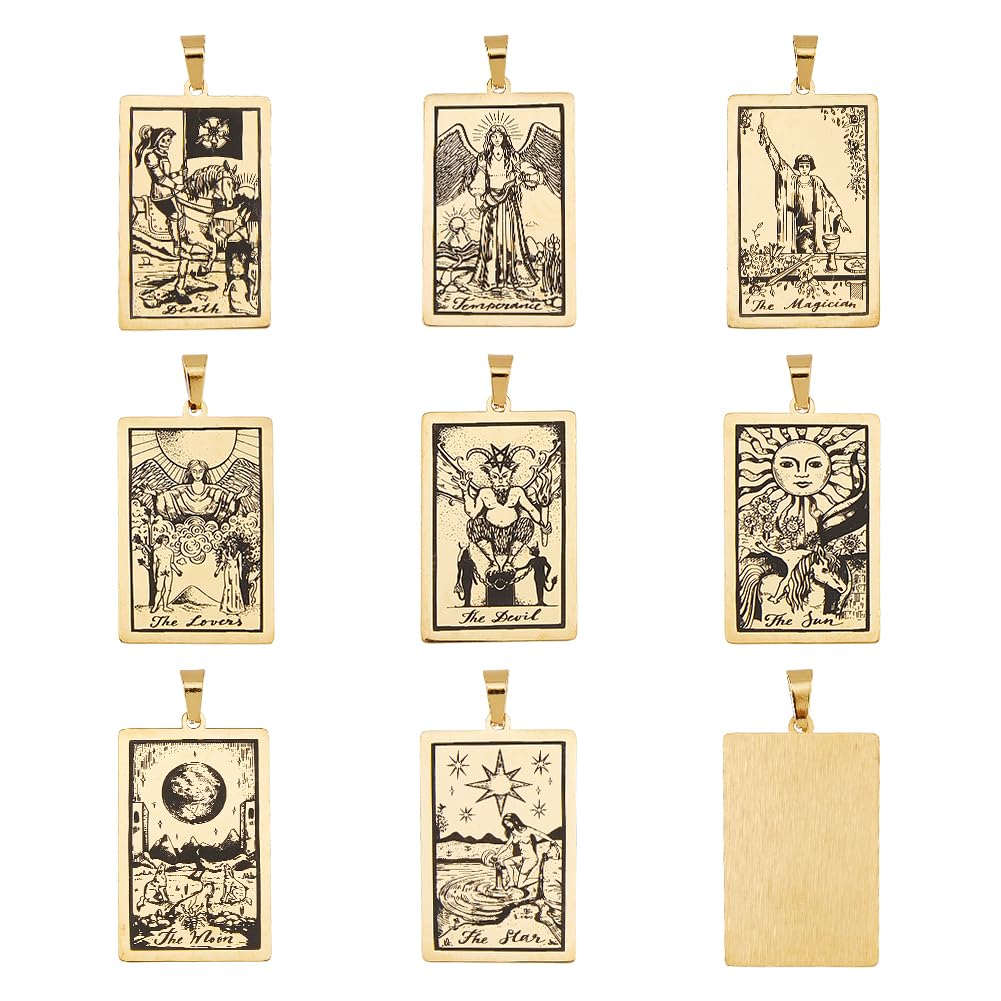 DICOSMETIC 8 Styles 8Pcs Golden Tarot Charms Stainless Steel Rectangle Card Pendants Fortune Moon Star Death Protecction Charms Divination Amulet Charms with Jewelry Clasp