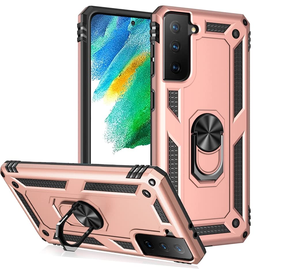 Folmecket Samsung galaxy S21 FE Phone Case, 360 Degree Rotating Metal Ring Shock Absorption Reinforced Corner TPU for Galaxy S21 FE 5G 6.41" (Rose Gold)