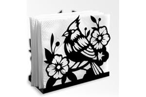 DOODLREAM Cardinal Bird Decorative Black Metal Napkin Holder for Table, 4.9" x 4.5" x 1.9" Bird Flower Standing Napkin Holder