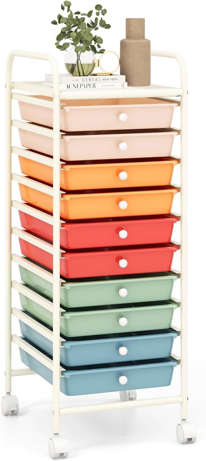 OFFICEJOY Storage Cart, Rolling Utility Cart with 10 Drawers, Portable Handles & Lockable Wheels, Mobile Paper Toys Storage Organizer Large Capacity for Home Office School Teacher (Macaron) Image