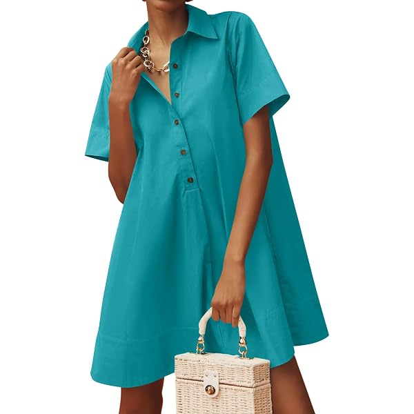 POPZONE Women's Short Sleeve T-Shirt Dress | Crew Neck Pleated Flowy Sundress With Pockets