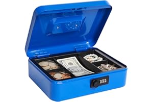 Cash Box with Combination Lock, Metal Money Box for Cash, Lovndi Lock Box with Money Tray, 9.84 x 7.87 x 3.54 Inches, Blue