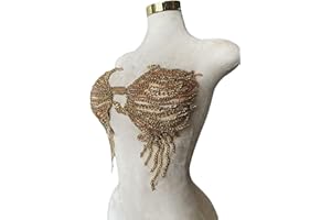 ESOSZNUA Trimimg Patches Pure Handmade with Glass Rhinestones Beads sew on Applique for Dress Chest Decorative Accessories 17X13inches (Champagne)