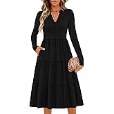 ZESICA Women's Long Sleeve Spring Dresses 2026 Fashion V Neck Casual Loose Ruffle Flowy A Line Tiered Midi Dress