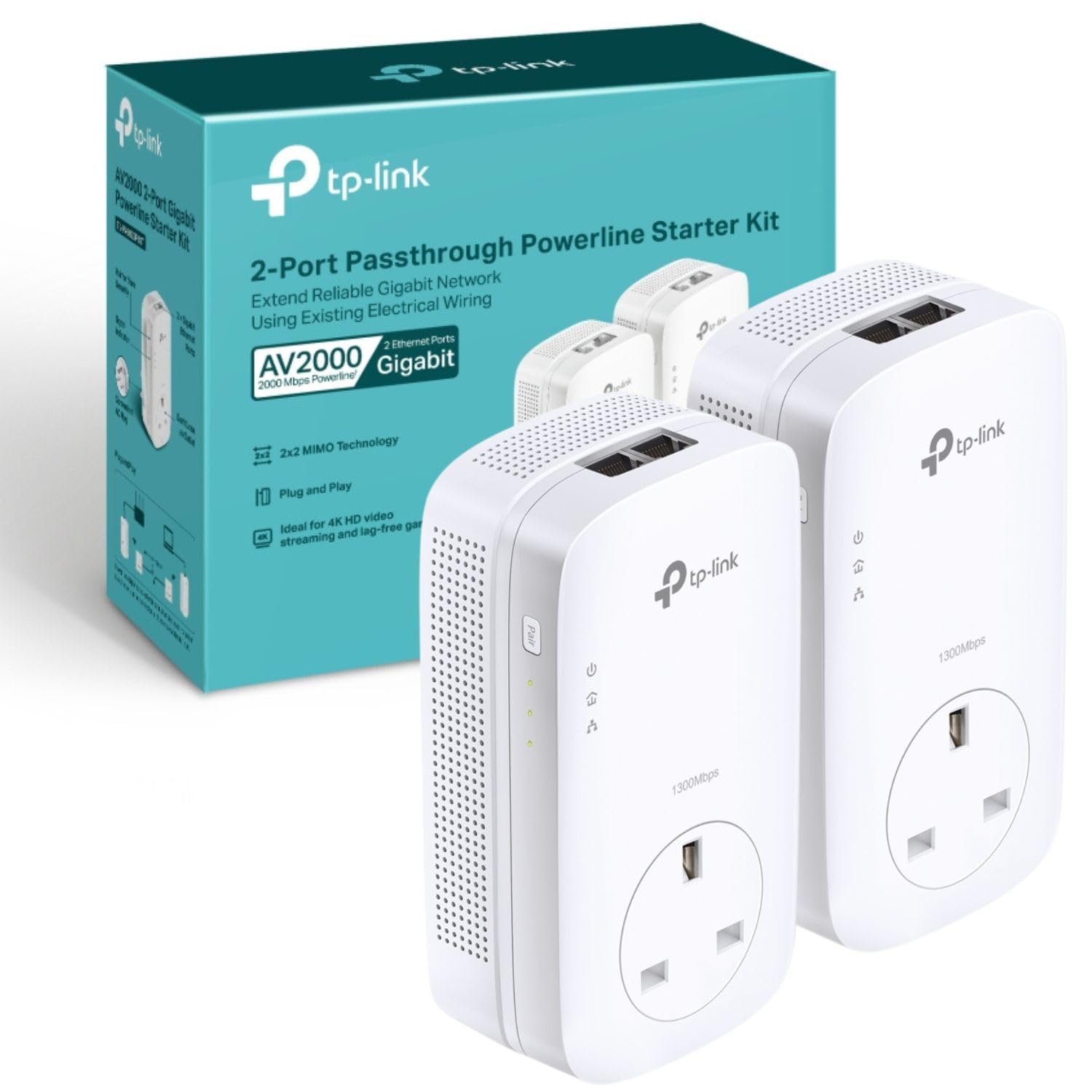 TP-Link TL-PA9020PKIT 2-Port Gigabit Passthrough Powerline Adapter Starter Kit, 2X2 MIMO, Powerline Network Adapters Speed up to 2000Mbps, 4K HD Video Streaming and Online Gaming, Plug and Play