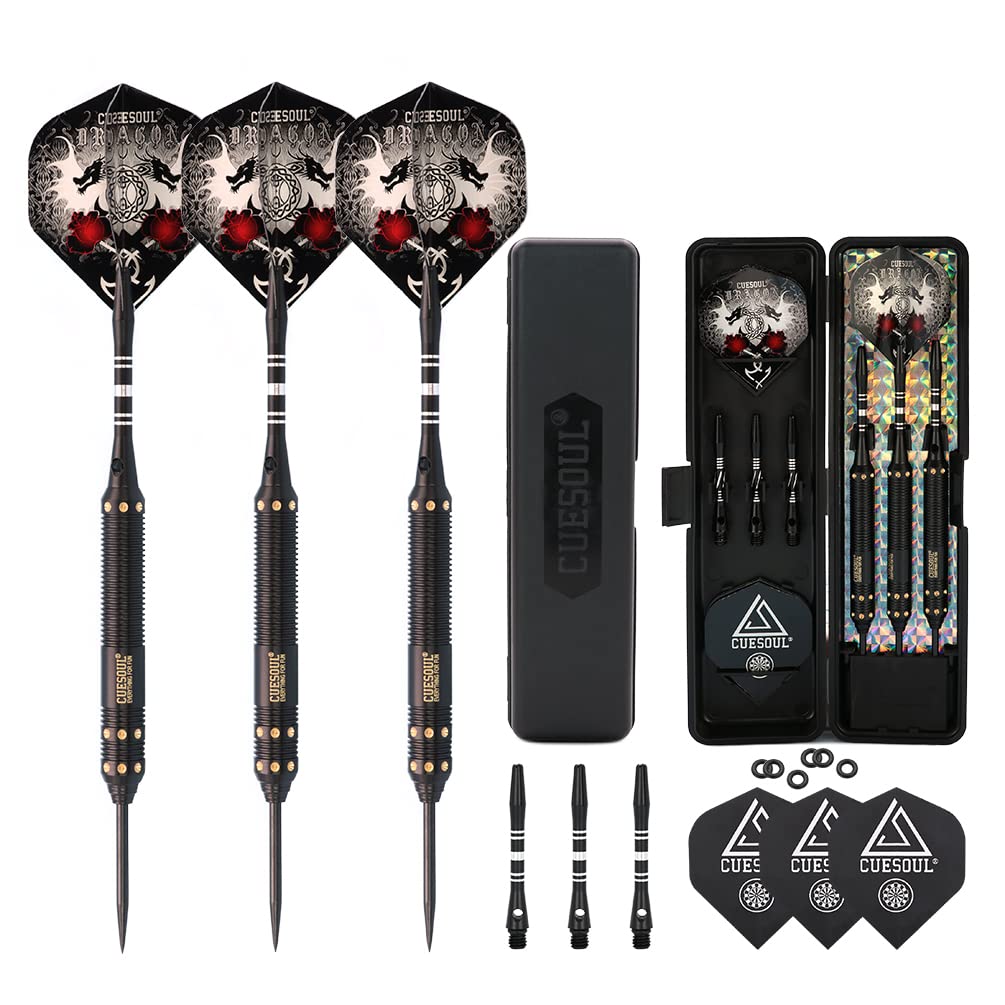 CUESOUL Dragon Series Steel Tip Darts Set 23 Grams Brass Barrels Durable Aluminum Shafts Great Grip Accuracy Good solid Accurate Darts Case Portable (JL-SL-J2104)